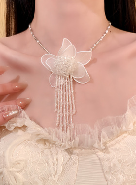 HEY TAO超仙白色花朵流苏串珠项链女优雅气质新娘婚纱配饰锁骨链