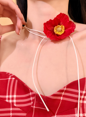 HEY TAO度假风红色花朵系带项链女氛围感海边拍照配饰锁骨链颈链