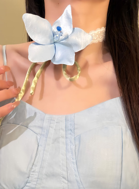 HEY TAO夏季蓝色花朵蕾丝项链女超仙度假风氛围感颈链配饰锁骨链