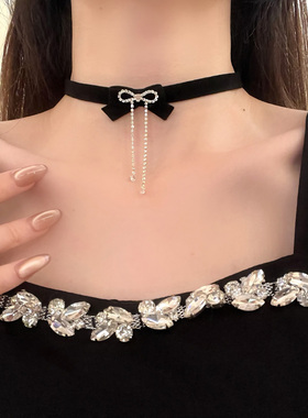 HEY TAO秋冬圣诞节红色蝴蝶结绒布choker项链复古气质颈带毛衣链