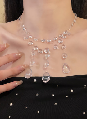 HEY TAO清透感多层透明水珠流苏项链女时尚小众设计感锁骨链配饰