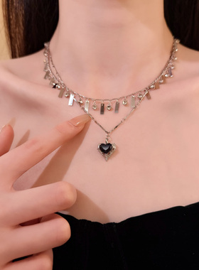 HEY TAO甜酷暗黑爱心吊坠项链女双层叠戴锁骨链个性辣妹颈链配饰