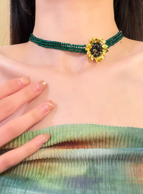 HEY TAO复古绿色向日葵花朵串珠项链多层叠戴锁骨链配饰气质颈链