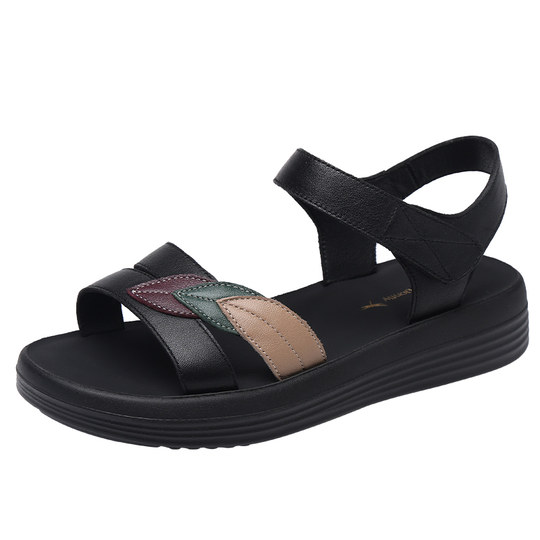 红蜻蜓女凉鞋2025夏季头层牛皮轻便舒适中老年防滑平底妈妈女鞋