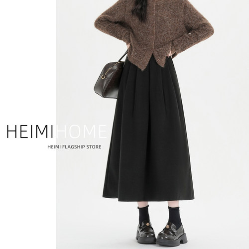 复古咖色毛呢半身裙女秋冬季加厚高腰a字伞裙高级长款呢子百褶裙 - 图0