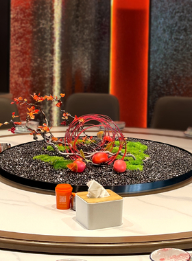 酒店圆桌中间转盘摆件大餐桌摆花会所包厢红色仿真假花微景观装饰