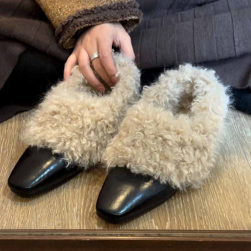 一脚蹬冬季毛毛鞋女2024新款内增高法式平底加绒黑色单鞋,淘宝优惠券,粉丝福利购,淘宝优惠卷