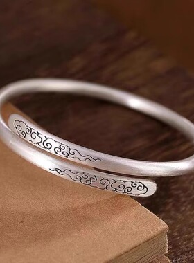 招财祥云手镯女素圈小众年轻款古法银镯子复古风做旧可调节送女友
