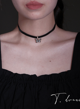 皮绳黑带闪钻蝴蝶项链choker脖颈链配饰项圈女颈带高级感小众法式