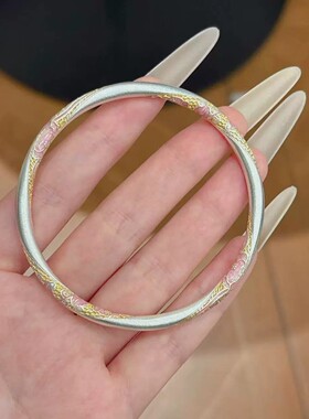 新中式足银9999珐琅彩手镯女国风莲花描金闭口银镯子情人节礼物