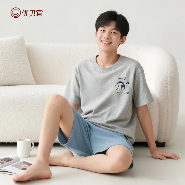 Youbaiyi junior high school students pure cotton summer boys short-sleeved suit 26 new loose and wearable home clothes