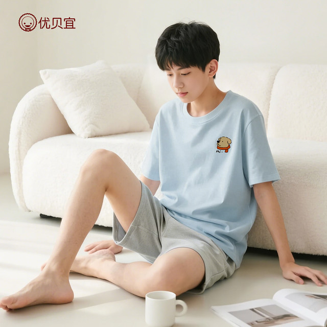 Youbaiyi junior high school students pure cotton summer boys short-sleeved suit 26 new loose and wearable home clothes