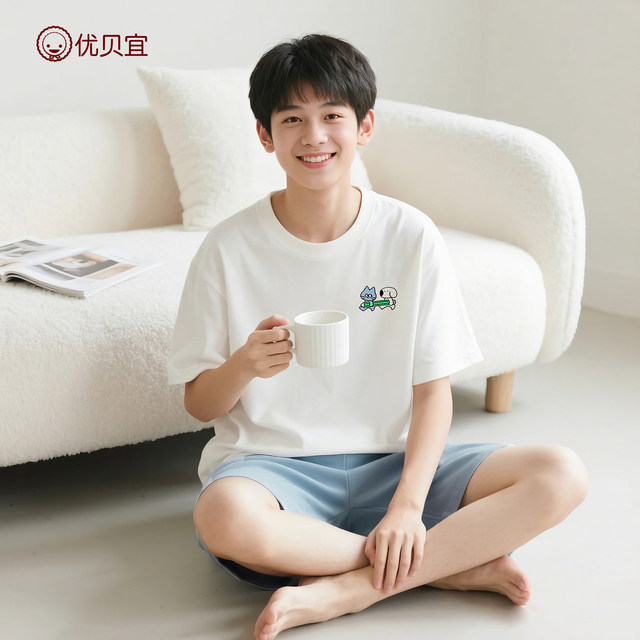 Youbaiyi junior high school students pure cotton summer boys short-sleeved suit 26 new loose and wearable home clothes
