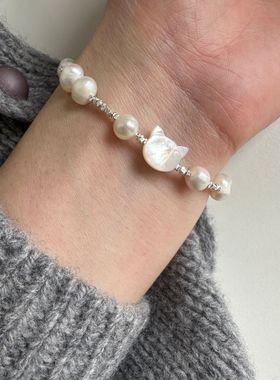 月光女神 925纯银天然贝母猫咪碎银子手链女简约甜美气质天然珍珠