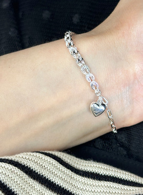 月光女神 925纯银不对称链条爱心手链女韩版简约时尚小众设计心形