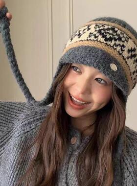 费尔岛风针织毛线帽女秋冬加厚保暖护耳显脸小包头冷帽辫子帽氛围