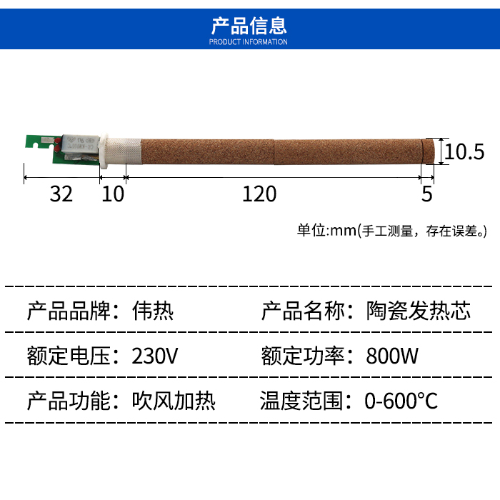 230V 800W牛奶包装用热风机陶瓷发热芯MINI加热器配件