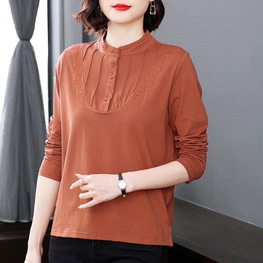 纯棉长袖t恤女 2026春秋装新款秋衣外穿衬衫中老年妈妈上衣打底衫