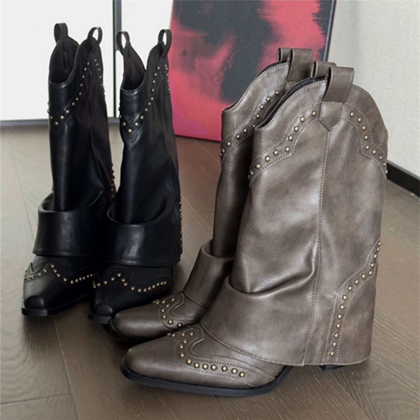 复古尖头铆钉裤管靴经典百搭西部牛仔靴粗跟侧拉链长筒靴女高跟鞋,淘宝优惠券,粉丝福利购,淘宝优惠卷