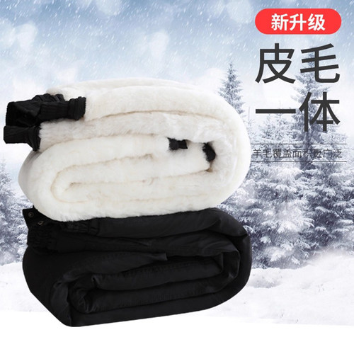 冬季羊皮裤中老年男女羊毛裤皮毛一体冬季加厚羊绒棉裤高腰防寒裤 - 图1