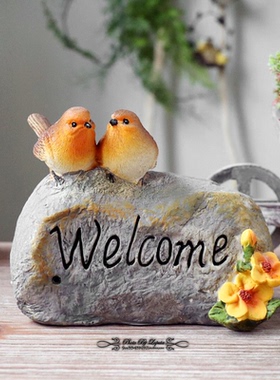 雀之灵。田园乡村森林系复古做旧树脂仿真小鸟摆件花园装饰欢迎牌