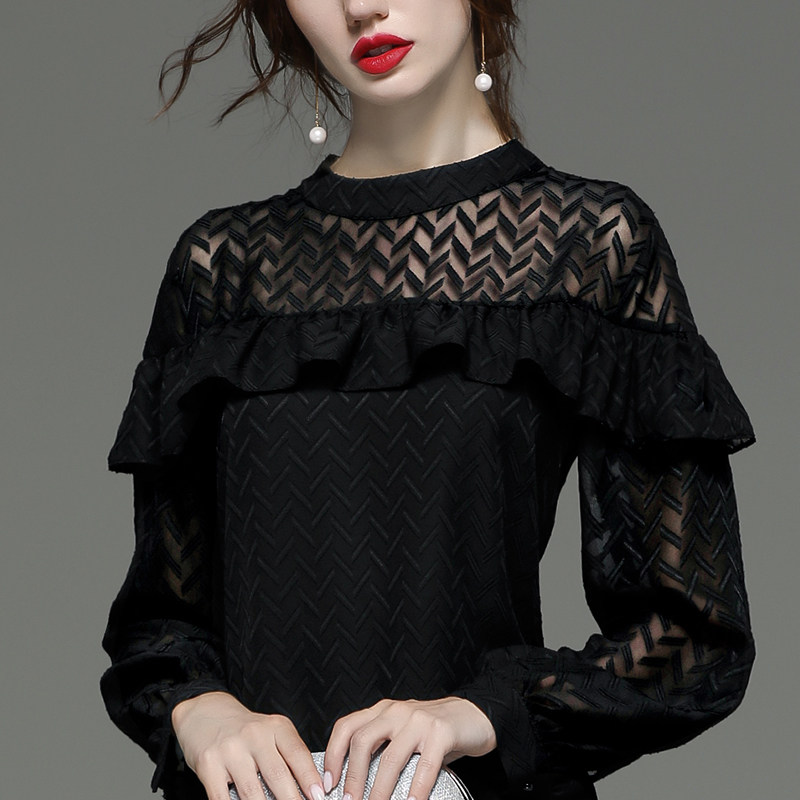 2020新款欧货泡泡袖荷叶边女打底衫 摩登志蕾丝衫/雪纺衫