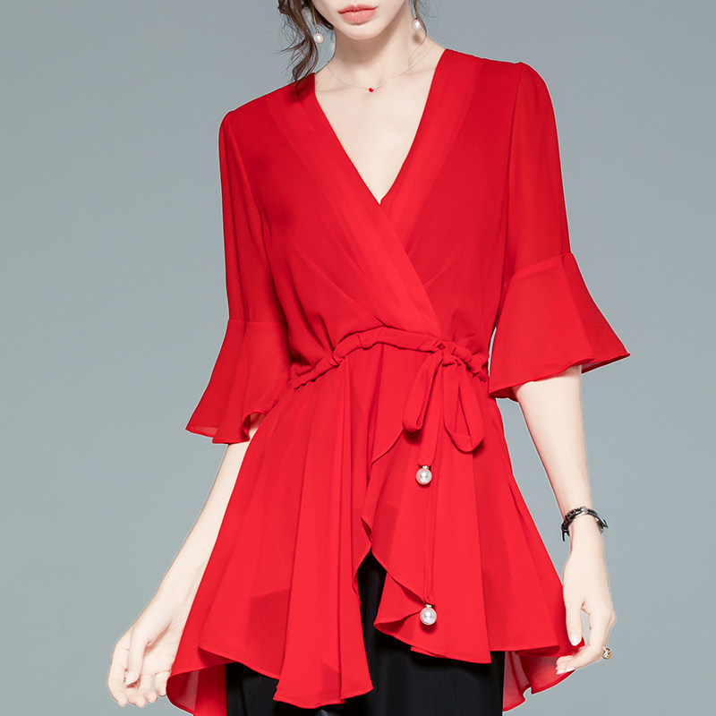 欧美不规则荷叶边裙摆褶皱v领衬衣 摩登志蕾丝衫/雪纺衫