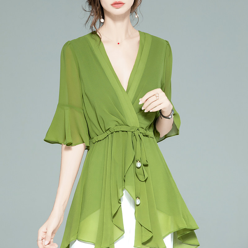 欧美不规则荷叶边裙摆褶皱v领衬衣 摩登志蕾丝衫/雪纺衫