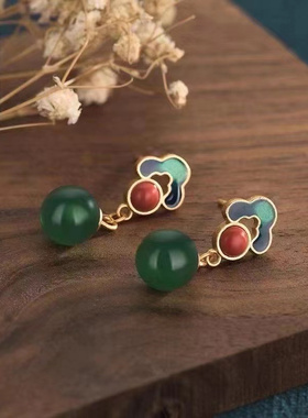 天然绿玉髓古风露珠耳坠国潮