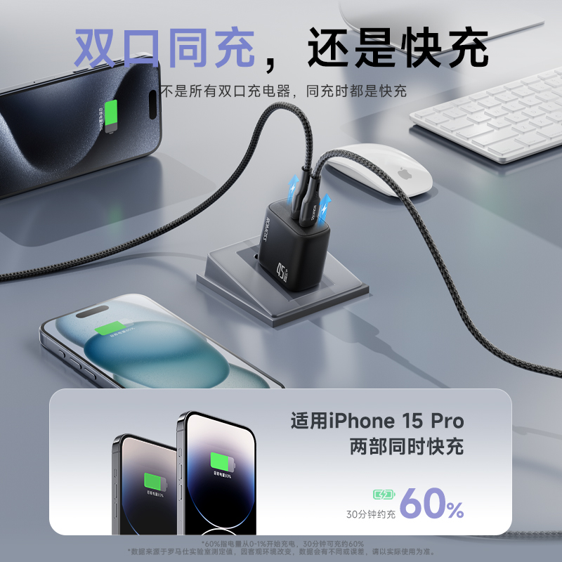 罗马仕双C口45W氮化镓充电器适用iPhone15苹果快充14plus13手机Promax插头数据线usbc充电线套装充电头一套-图0