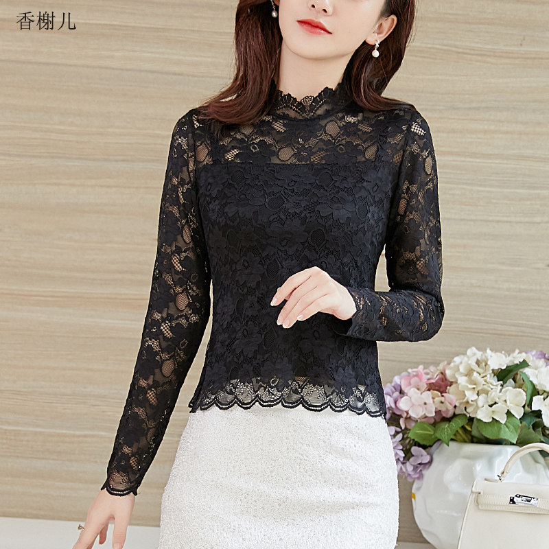 半高领蕾丝长袖镂空内搭短款夏小衫 香榭儿蕾丝衫/雪纺衫