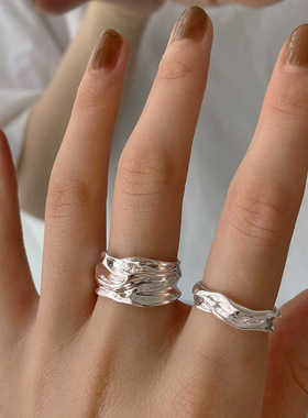 几何褶皱戒指女复古时尚夸张925银凹凸开口指环朋克食指戒潮