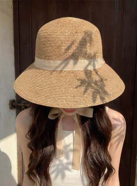 绑带草帽女大帽沿渔夫帽遮阳防晒