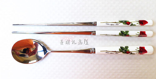 韩国厨美餐具 进口优质 陶瓷柄红玫瑰加厚不锈钢大头勺子饭勺汤勺 - 图2