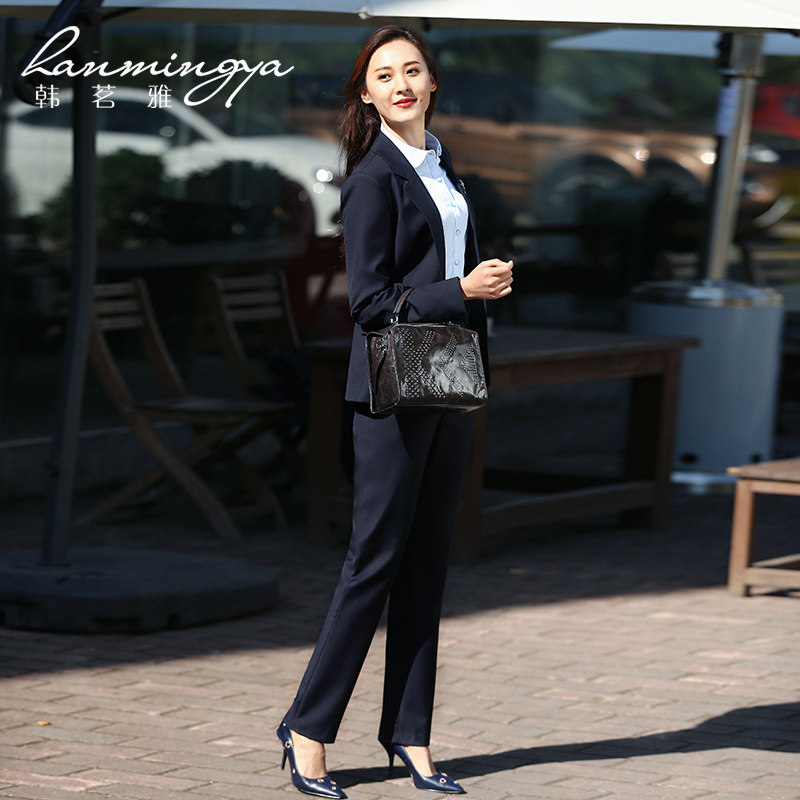 韩茗雅藏青色职业西装套装女士上班 韩茗雅服饰职业女裤套装
