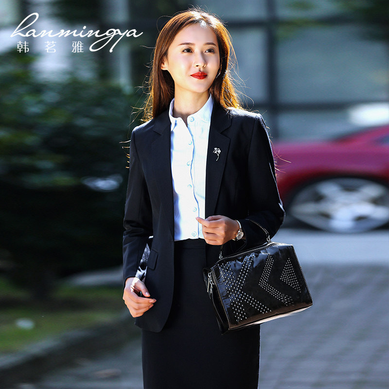 韩茗雅藏青色职业西装套装女士上班 韩茗雅服饰职业女裤套装