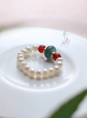 天然淡水珍珠蓝水翡翠戒指女