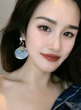 复古绿松石贝壳片长耳环高级感镀真金度假风夸张气质耳饰品