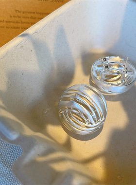 ins风精致镂空立体花球耳钉女轻奢高级感拉丝螺旋纹圆形耳环耳饰