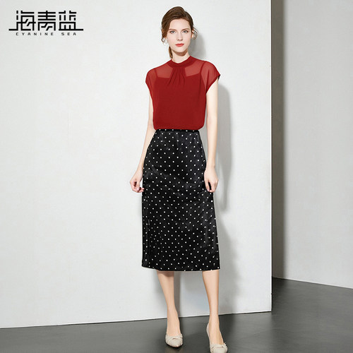 海青蓝 设计感不撞款套装高级女装2025年新款两件套波点半身裙 - 图0