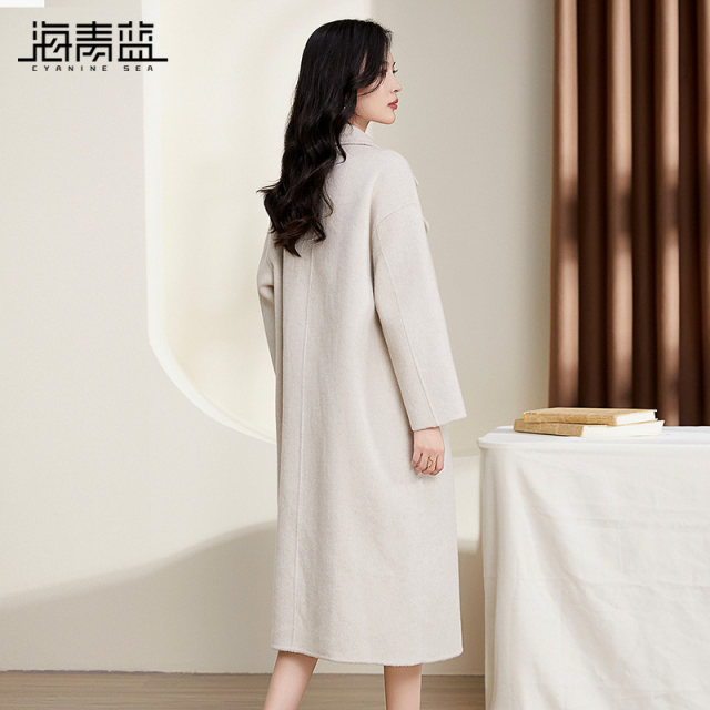 Sea blue versatile double-breasted woolen coat
