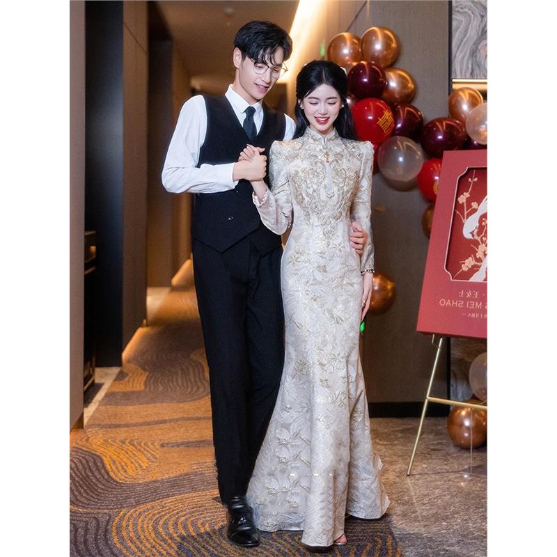 新中式旗袍敬酒服新娘2024新款高级感订婚连衣裙显瘦鱼尾晚礼服女 - 图0