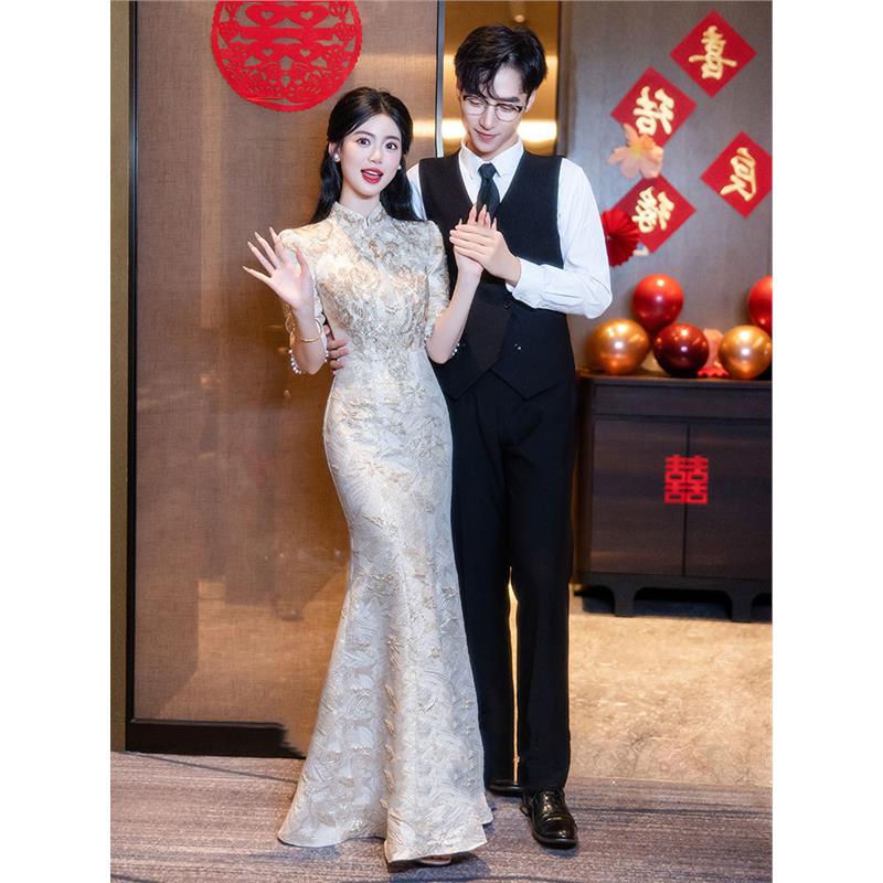新中式旗袍敬酒服新娘2024新款高级感订婚连衣裙显瘦鱼尾晚礼服女 - 图2