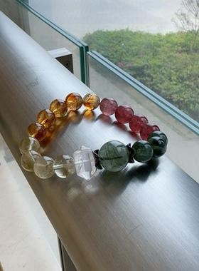 天然水晶多宝串 草莓晶 绿发晶 白水晶双尖 黄塔晶 柠檬黄水晶