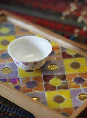 玥森活の圆方禅意小茶盘 马赛克手工香薰檀香托盘 摆件 围炉煮茶
