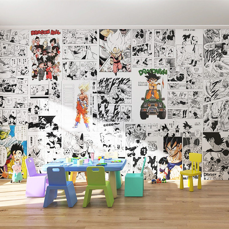 3D卡通动漫七龙珠墙纸儿童房卧室床头背景墙布幼儿园黑白漫画壁纸