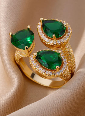 Green Zircon Water Drop Flower Rings for Women Open
