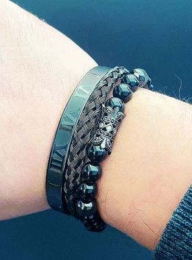 Luxury Black Stone Handmade Beaded Man Bracelet Roman