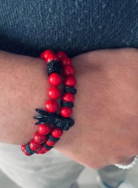 Red Turquoise Black Skull Crown Beads Bracelet For Men