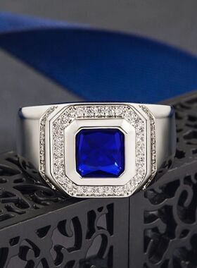 Men's Blue Crystal CZ Stone Ring Luxury Silver Color